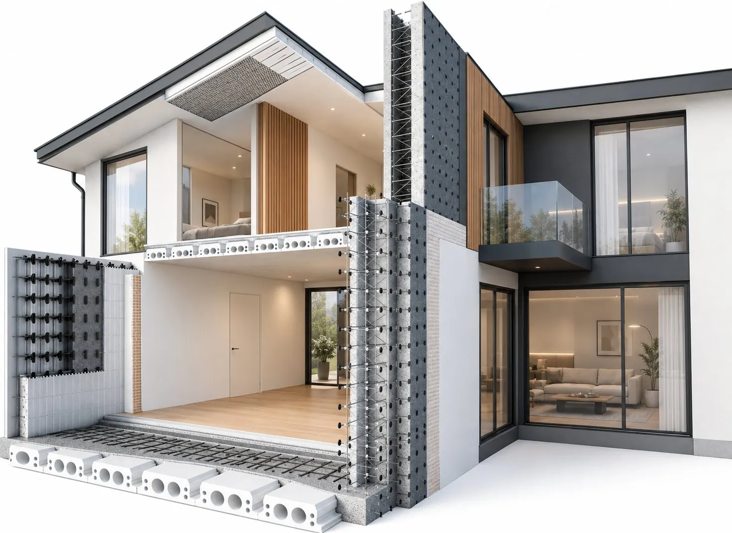 Maison en coupe montrant les systèmes isolants du radier à la toiture